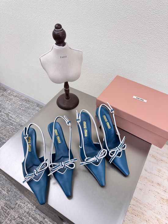 Miu Miu Peacock Blue Bow Backless High Heel Pumps Sheepskin Lined