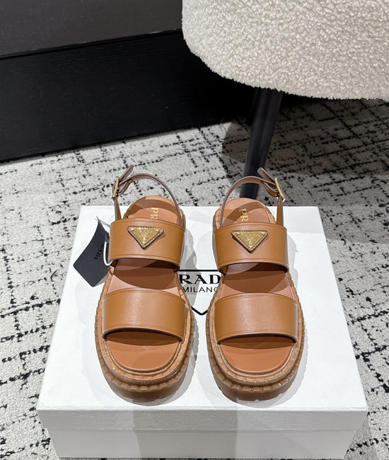 Prada Cut Out Leather Sandals With Metal Emblem Non Slip Sole