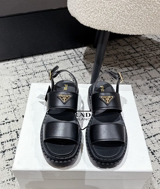 Prada Cut Out Leather Sandals With Metal Emblem Non Slip Sole