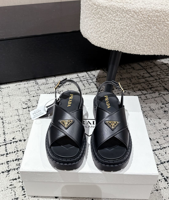 Prada Cut Out Leather Sandals With Metal Emblem Non Slip Sole