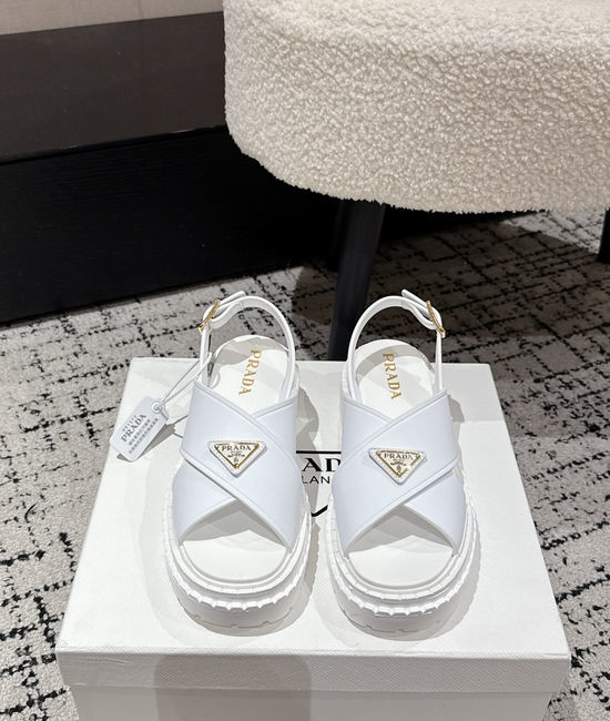 Prada Cut Out Leather Sandals With Metal Emblem Non Slip Sole