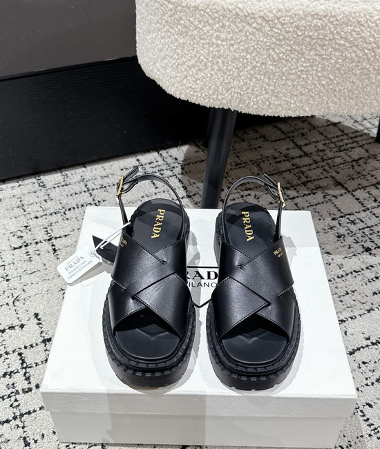 Prada Cut Out Leather Sandals With Metal Emblem Non Slip Sole