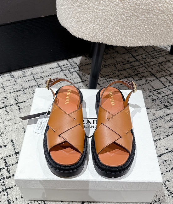 Prada Cut Out Leather Sandals With Metal Emblem Non Slip Sole