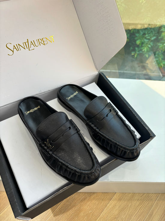 Yves Saint Laurent Classic Small Logo Mule Loafers Almond Toe Leather Shoes