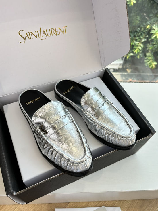 Yves Saint Laurent Classic Small Logo Mule Loafers Almond Toe Leather Shoes