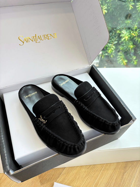 Yves Saint Laurent Classic Small Logo Mule Loafers Almond Toe Leather Shoes