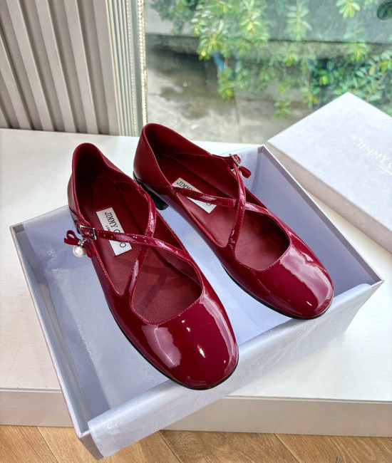 Jimmy Choo Pearl Decor Cross Strap Leather Mary Jane Flat Shoes