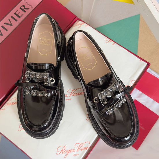 Roger Viver Rhinestone Buckle Platform Leather Loafers Anti-slip Sole