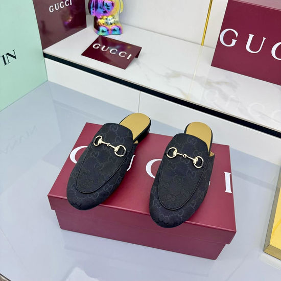Gucci Rhinestone Adorned Canvas Loafer Mules with Leather Sole