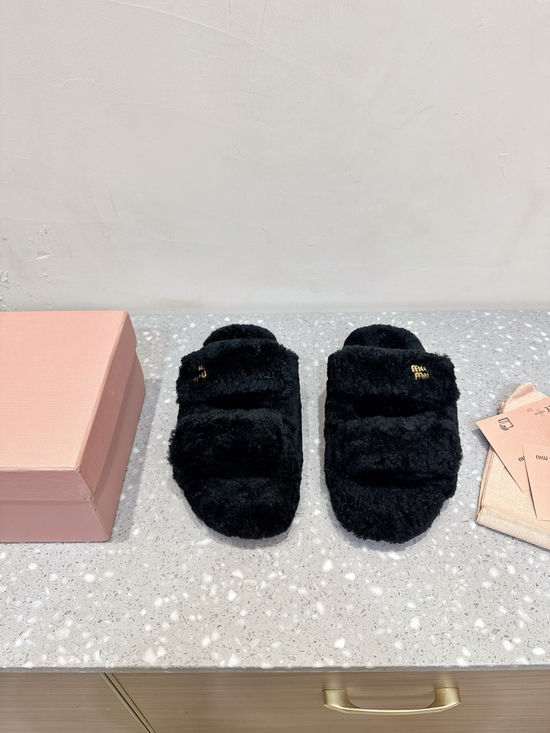 Miu Miu Magic Tape Closure Genuine Wool Lined Warm Slippers