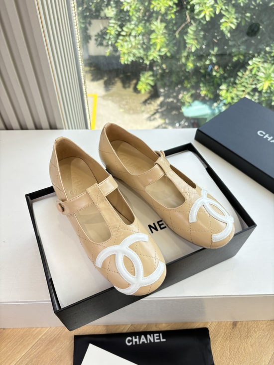Chanel Lace Up Decor Leather Round Toe Flat Ballet Shoes