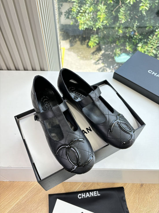 Chanel Lace Up Decor Leather Round Toe Flat Ballet Shoes