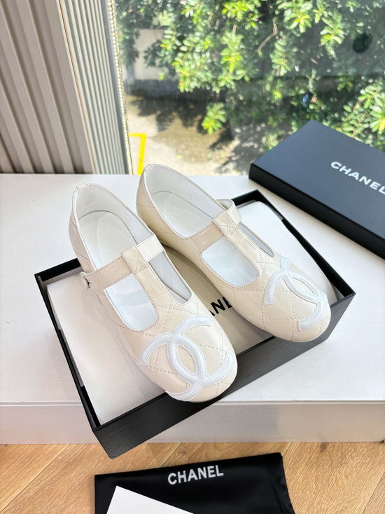 Chanel Lace Up Decor Leather Round Toe Flat Ballet Shoes