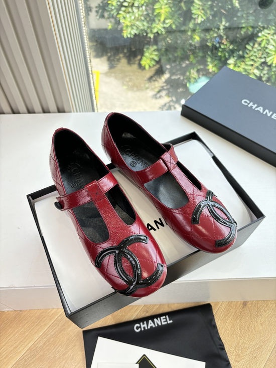 Chanel Lace Up Decor Leather Round Toe Flat Ballet Shoes