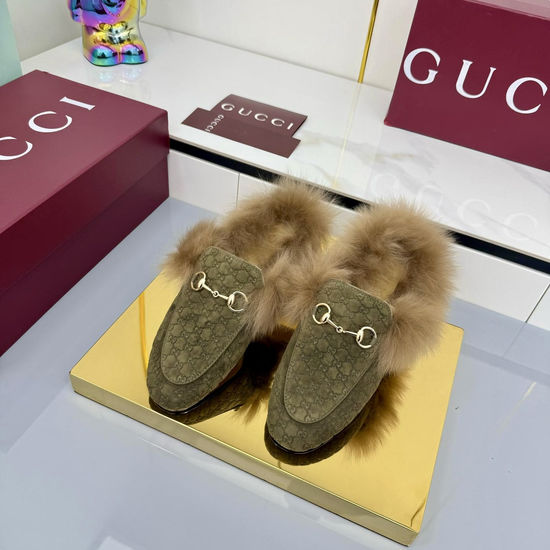 Gucci Wool Horsebit Mules with Leather Sole