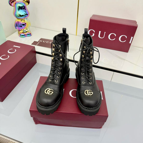Gucci Lace Up Martin Boots Genuine Leather Lightweight Sole
