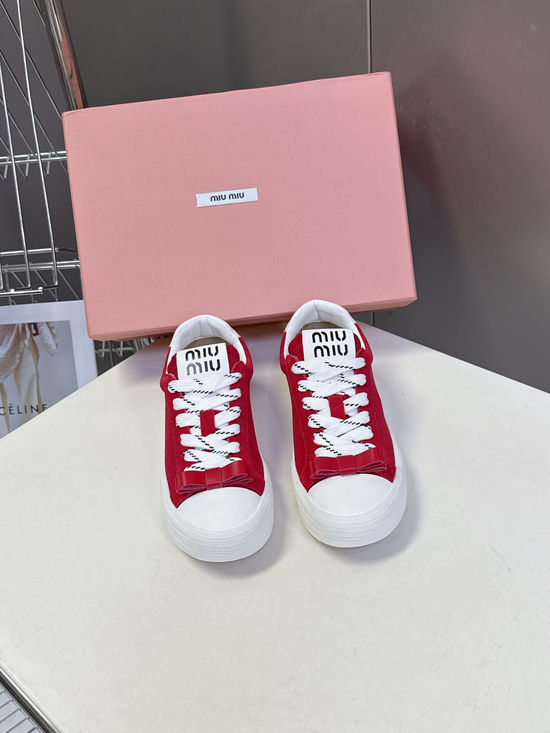Miu Miu Bow Decorated Double Laces Vintage Leather Sneakers