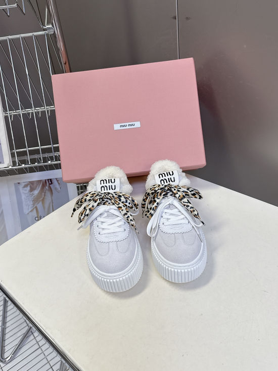 Miu Miu Wool Lined Leather Platform Casual Sneakers Comfortable