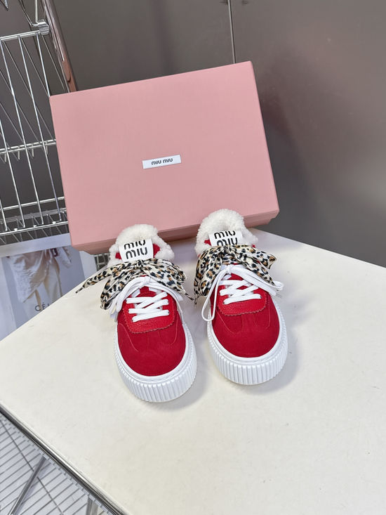 Miu Miu Wool Lined Leather Platform Casual Sneakers Comfortable
