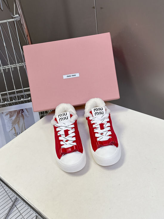 Miu Miu Bow Decorated Wool Lined Vintage Leather Sneakers
