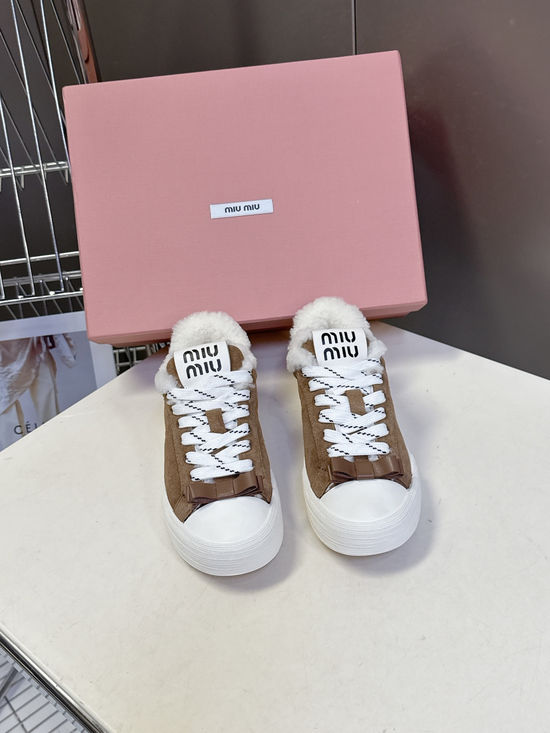 Miu Miu Bow Decorated Wool Lined Vintage Leather Sneakers