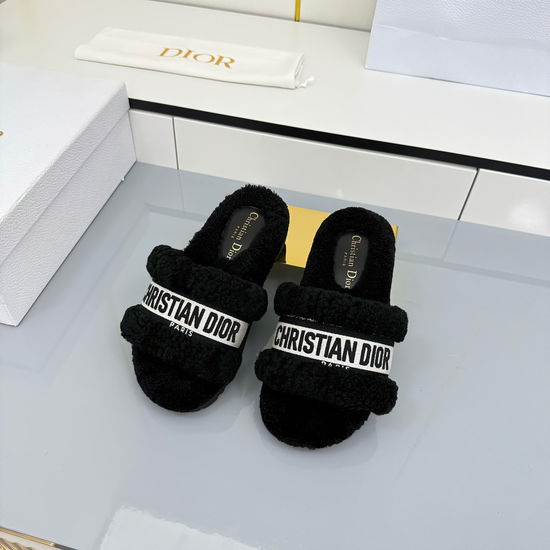Christian Dior Warm Wool Slippers with Embroidery Soft Leather Insole