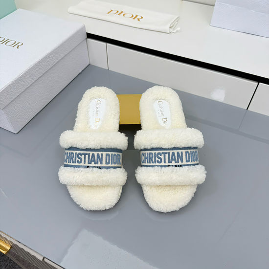 Christian Dior Warm Wool Slippers with Embroidery Soft Leather Insole