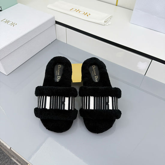 Christian Dior Warm Wool Slippers with Embroidery Soft Leather Insole