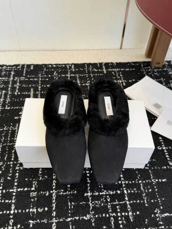 Toteme Minimalist Square Toe Suede Wool Lined Mules
