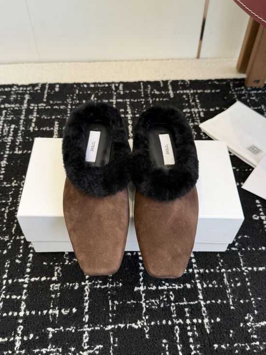Toteme Minimalist Square Toe Suede Wool Lined Mules