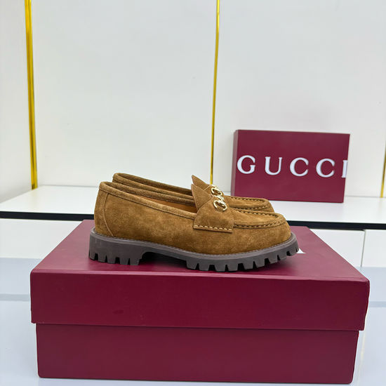 Gucci Suede Loafers with Metal Buckle and Non-slip Sole