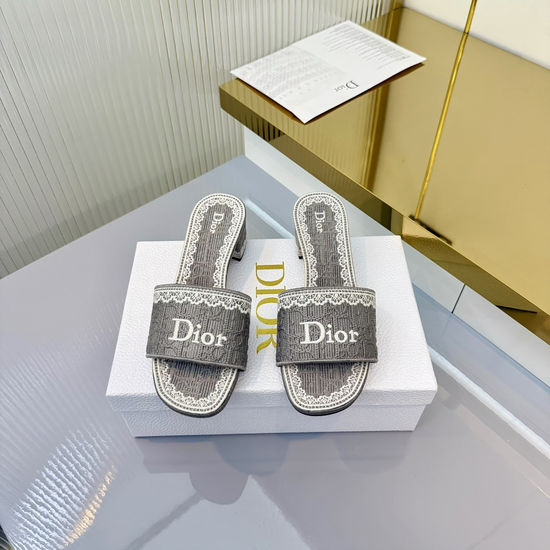 Christian Dior Elegant Embossed Lace Mid-heel Slide Slippers with Soft Sole