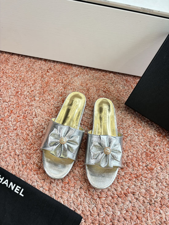Chanel Metallic Leather Slides Comfortable Casual