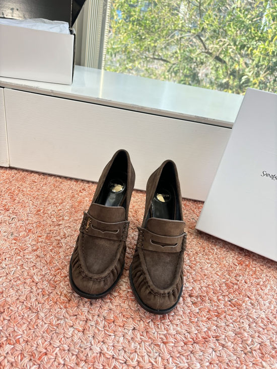 Yves Saint Laurent Small Logo Leather Block Heel Loafer Shoes