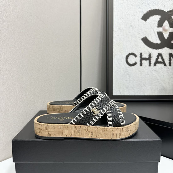 Chanel Woven Cross Strap Platform Slides Comfortable Elevated Casual Footwear