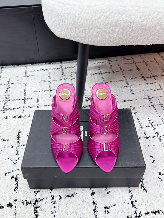 Yves Saint Laurent Silk Rhinestone Buckle Heeled Mules Elegant Footwear