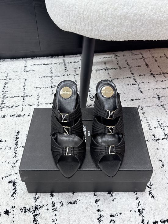 Yves Saint Laurent Silk Rhinestone Buckle Heeled Mules Elegant Footwear