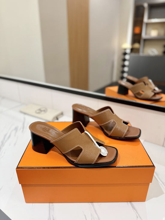 Hermes 7cm Heel Epsom Leather Slides Genuine Leather Sole Shoes