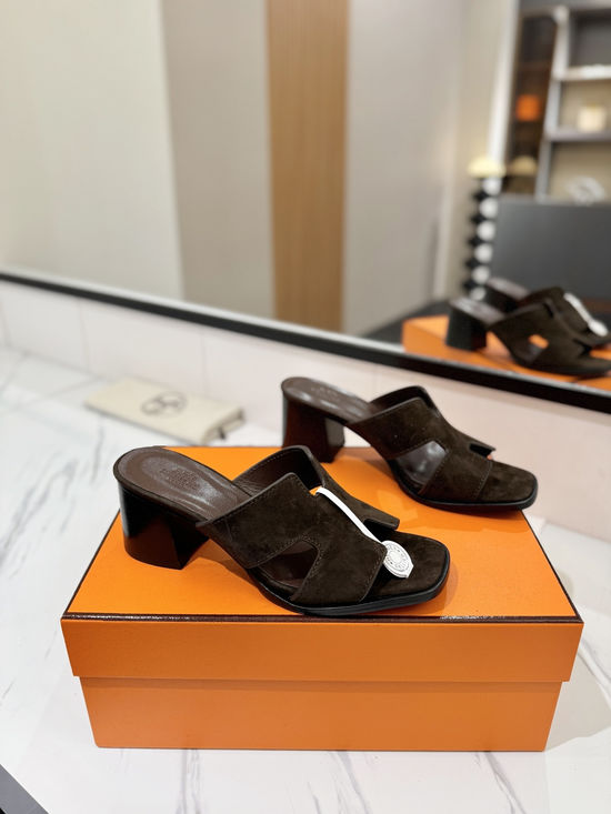 Hermes 7cm Heel Nubuck Slides Genuine Leather Sole Casual Shoes