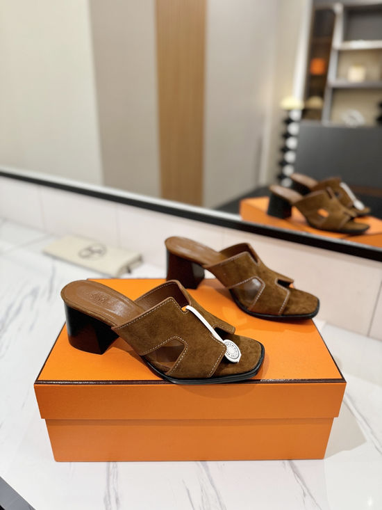 Hermes 7cm Heel Nubuck Slides Genuine Leather Sole Casual Shoes