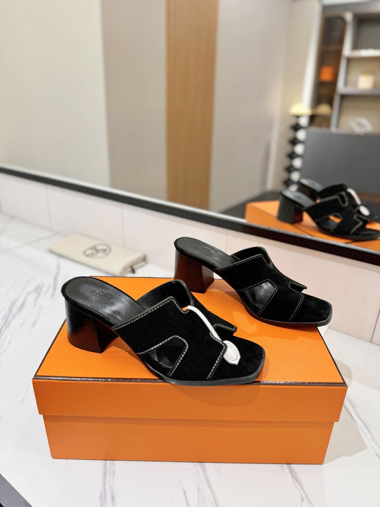 Hermes 7cm Heel Nubuck Slides Genuine Leather Sole Casual Shoes
