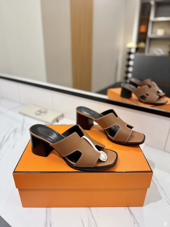 Hermes 7cm Heel Cowhide Slides Genuine Leather Sole Casual Shoes