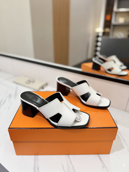 Hermes 7cm Heel Cowhide Slides Genuine Leather Sole Casual Shoes