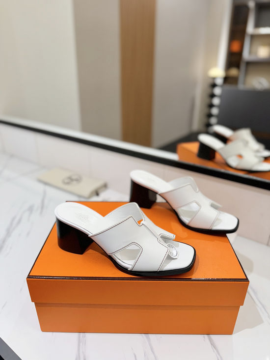 Hermes 7cm Heel Cowhide Slides Genuine Leather Sole Casual Shoes
