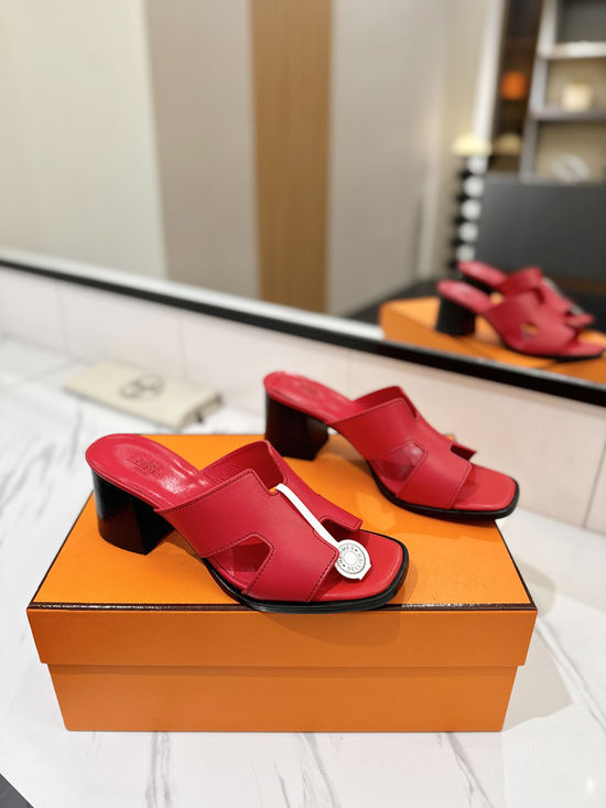 Hermes 7cm Heel Cowhide Slides Genuine Leather Sole Casual Shoes