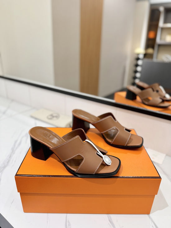 Hermes 7cm Heel Cowhide Slides Genuine Leather Sole Casual Shoes