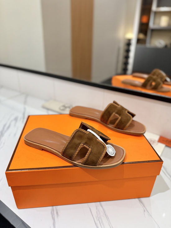 Hermes Classic Nubuck Slides Genuine Leather Sole Casual Shoes