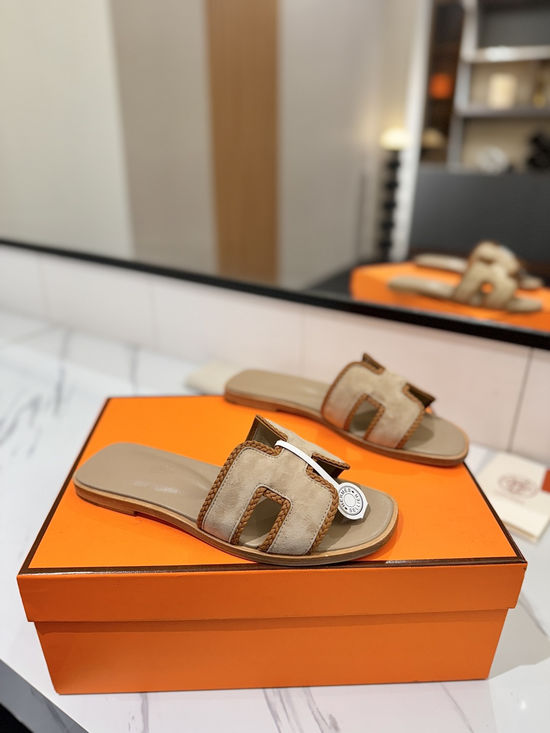 Hermes Classic Nubuck Slides Genuine Leather Sole Casual Shoes