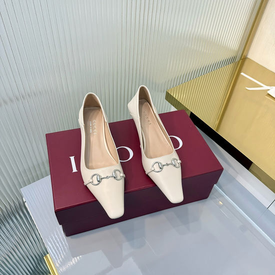 Gucci Block Heel Leather Shoes Square Toe Metal Accent