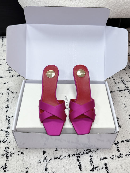 Yves Saint Laurent Satin Cross Strap High Heel Mule Slides